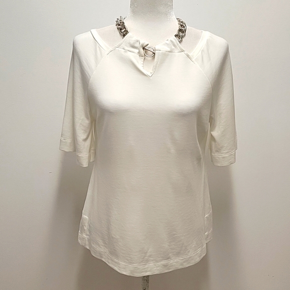 Duette NYC Top/Blouse White w/Silver Chain at Neck Belled Half Sleeves Size XS - Picture 1 of 9